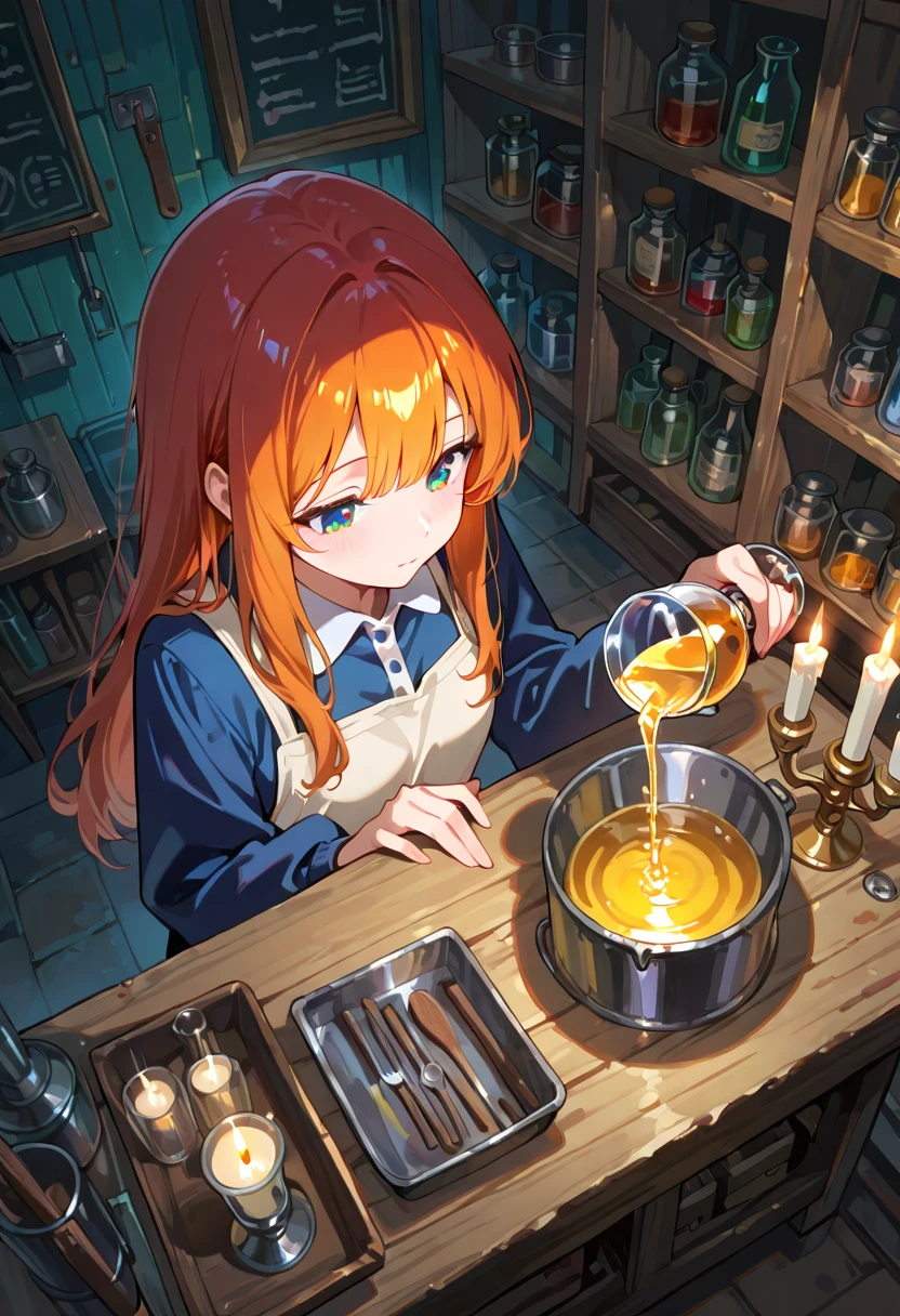 Alchemist pouring glowing liquid in a workshop