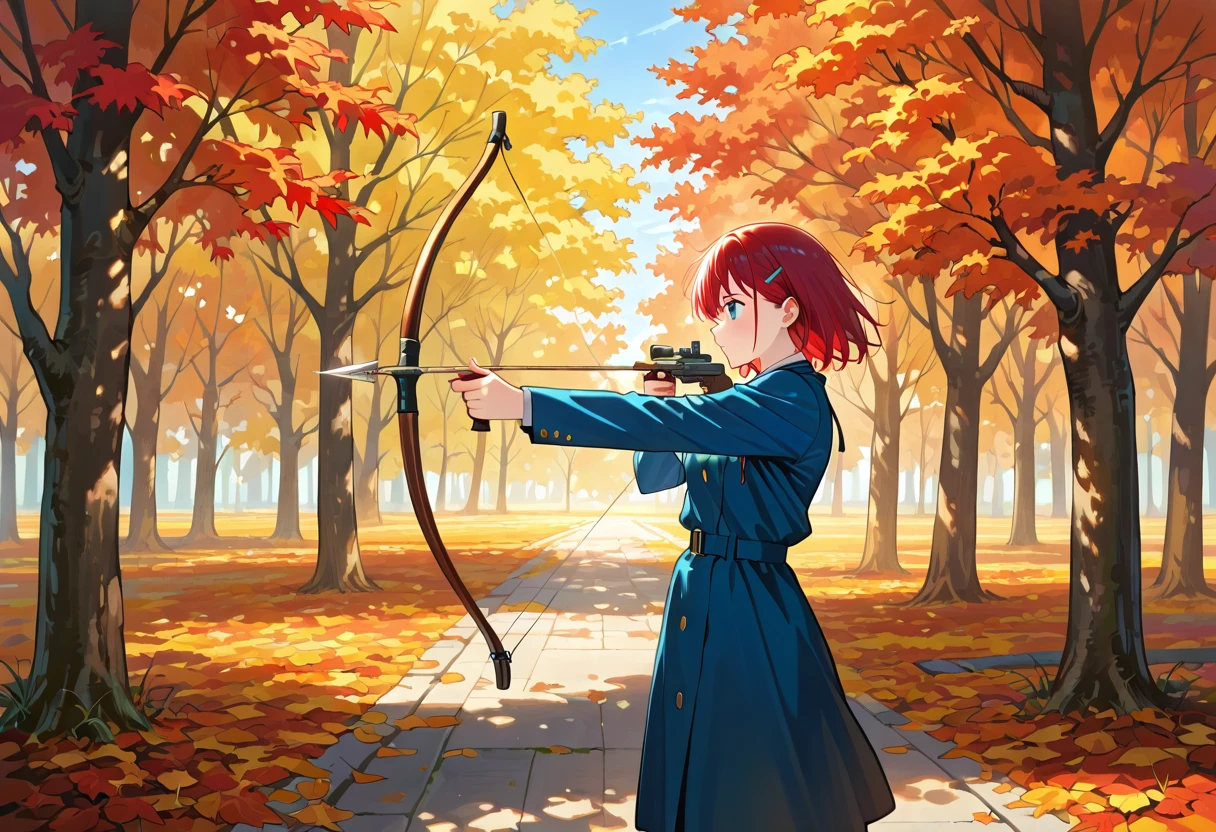 Anime archer releasing an arrow at an outdoor range