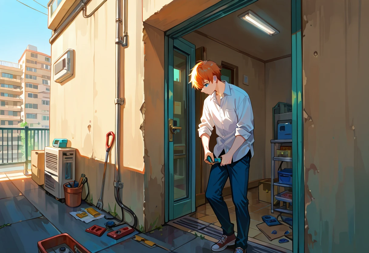 Anime character repairing a bicycle beside an apartment