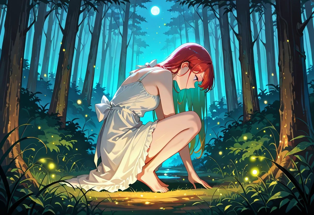 Elf ranger tracking footprints in a moonlit forest