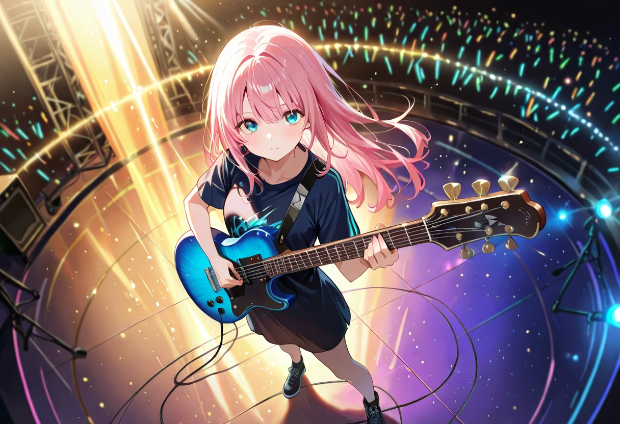 Anime guitarist rehearsing on a small stage