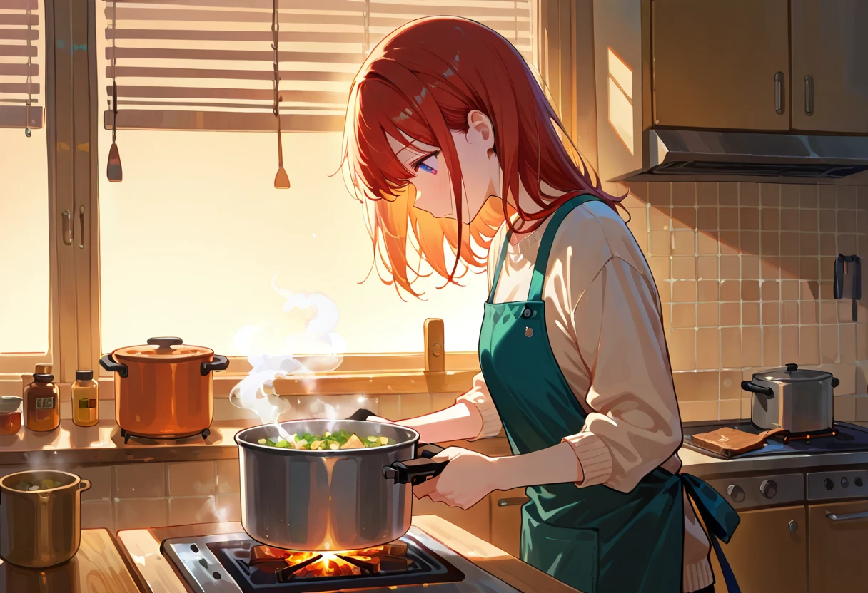 Anime cooking scene in a warm apartment kitchen