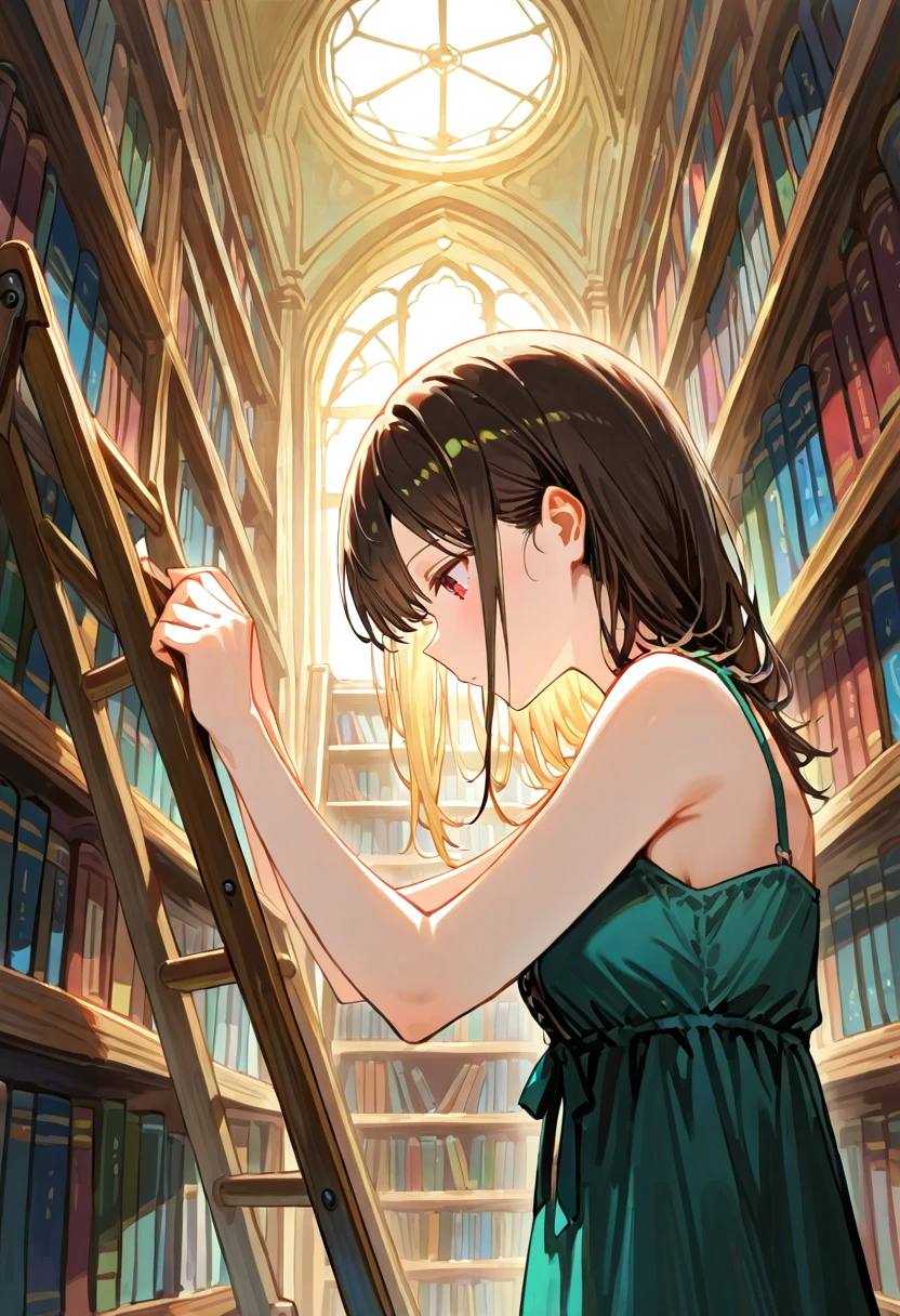 Anime character arranging books on a library ladder