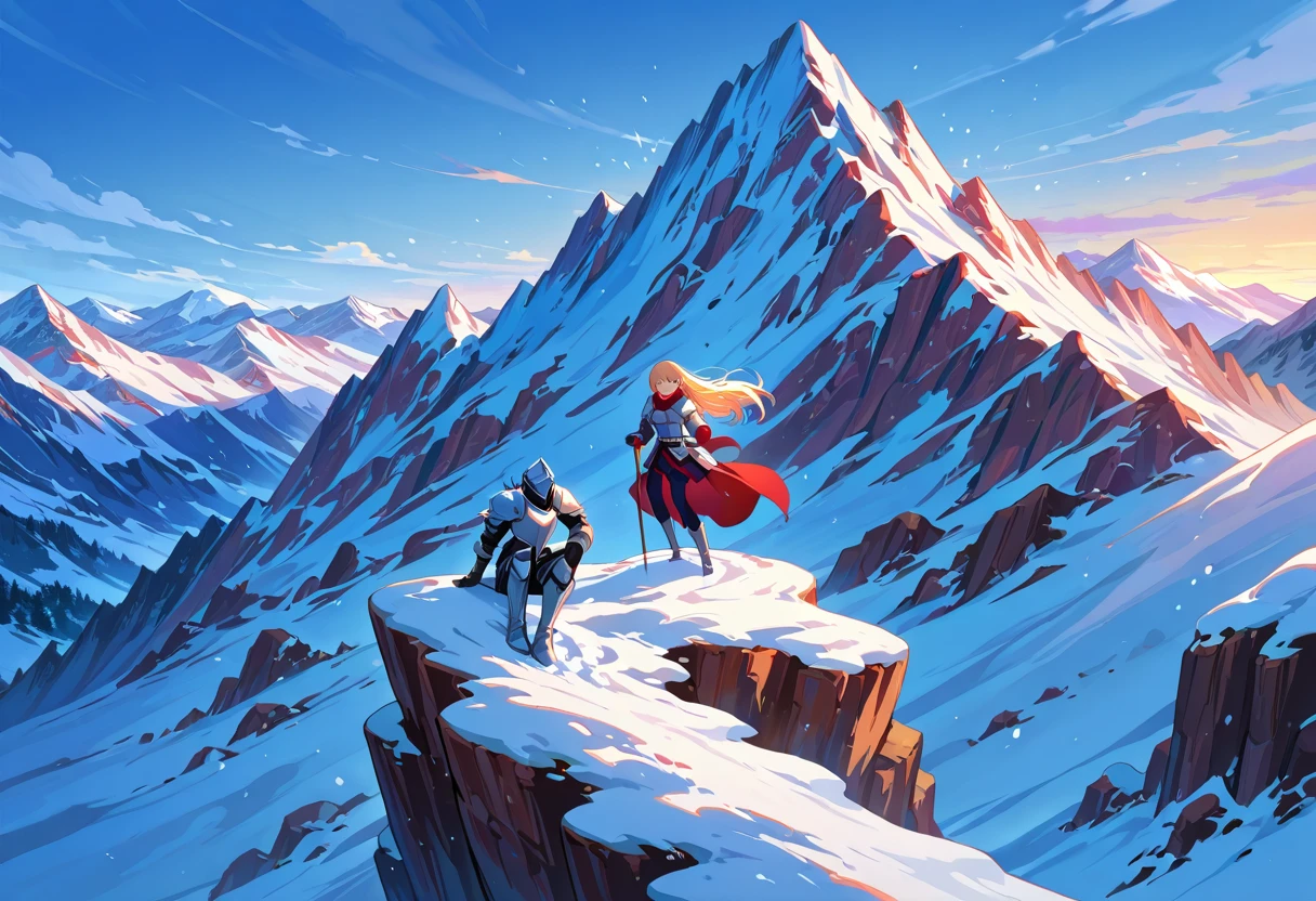 Armored fantasy adventurers climbing a snowy mountain pass