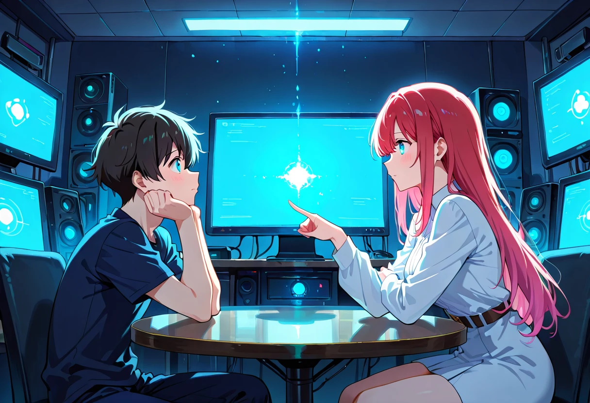 Two creators reviewing anime character sheets in a studio