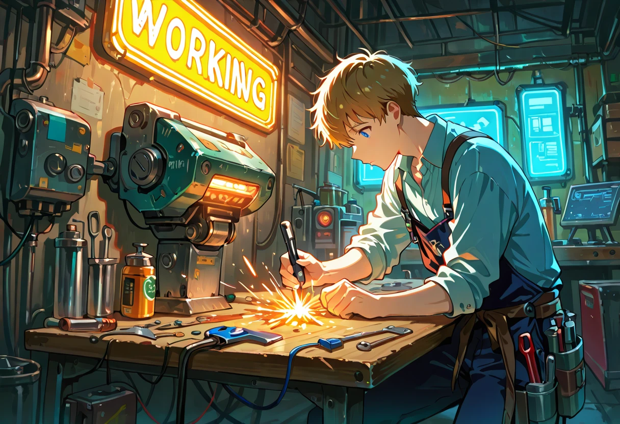 Cyberpunk engineer repairing a robot arm