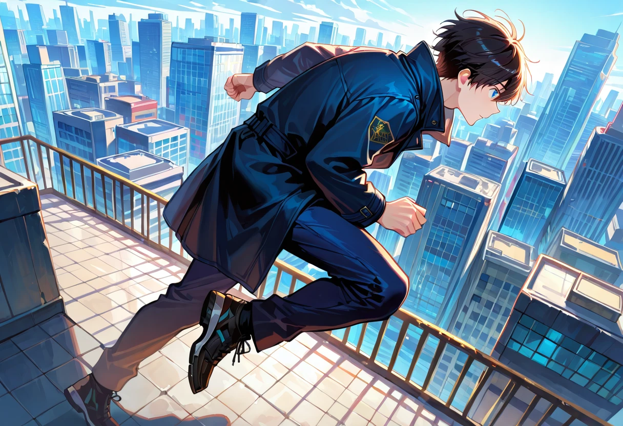 Anime parkour scene across a rooftop gap