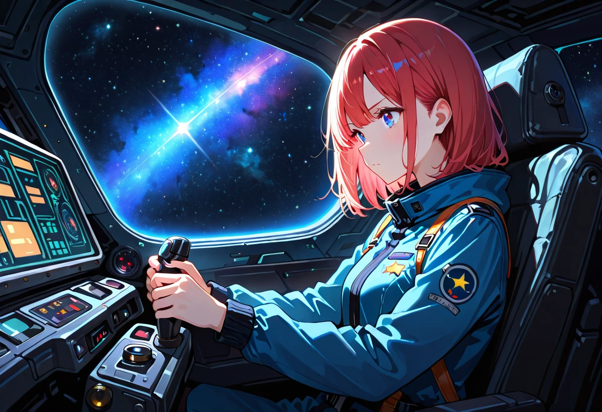 Anime spaceship pilot working at cockpit controls